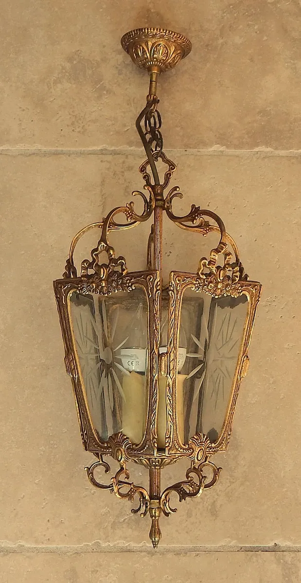 Vintage French Brass Triple Light Ceiling Lantern - Image 1