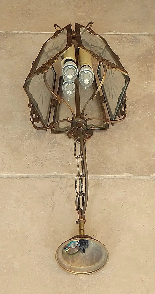 Vintage French Brass Triple Light Ceiling Lantern - Image 4