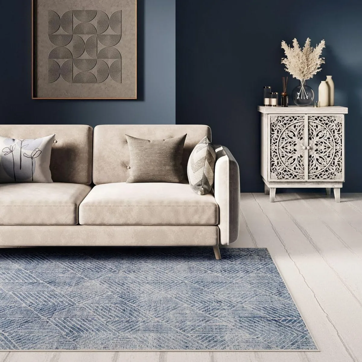 Machine Washable Blue Geometric Cotton Rugs - Image 2