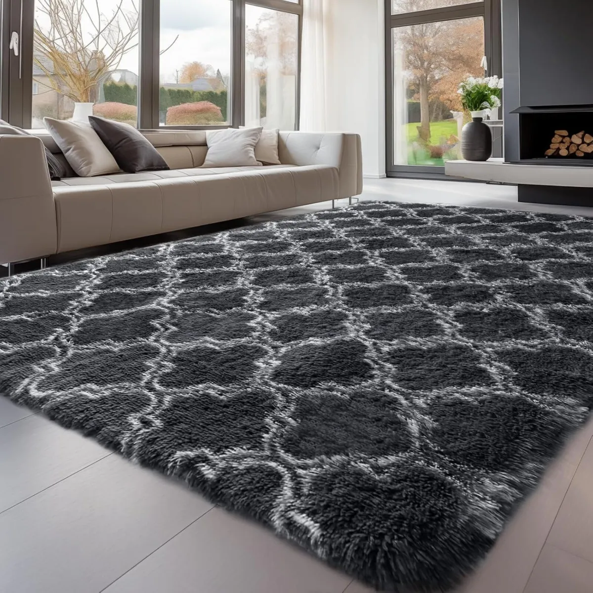 High Pile Rug Grey 240 x 340 cm Washable Non-Slip - Image 1