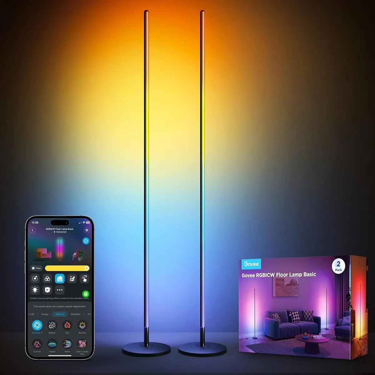 LED Floor Lamp Black RGBIC Modern Corner Smart - Image 1