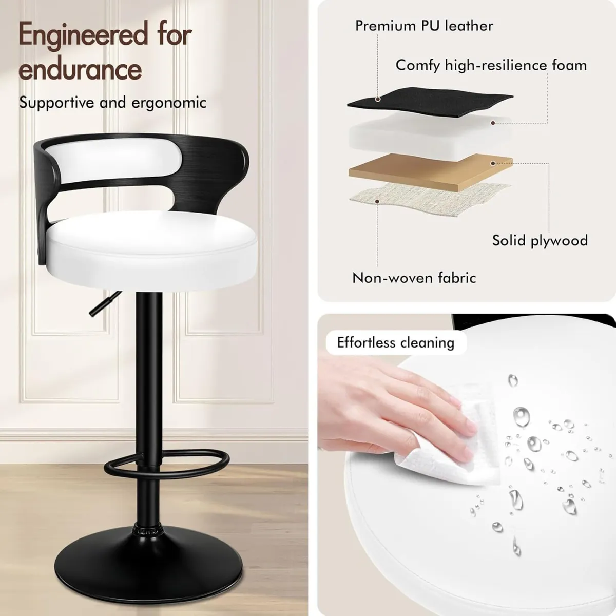 Bar Stools Set of 2 Comfy Barstools PU Leather - Image 4