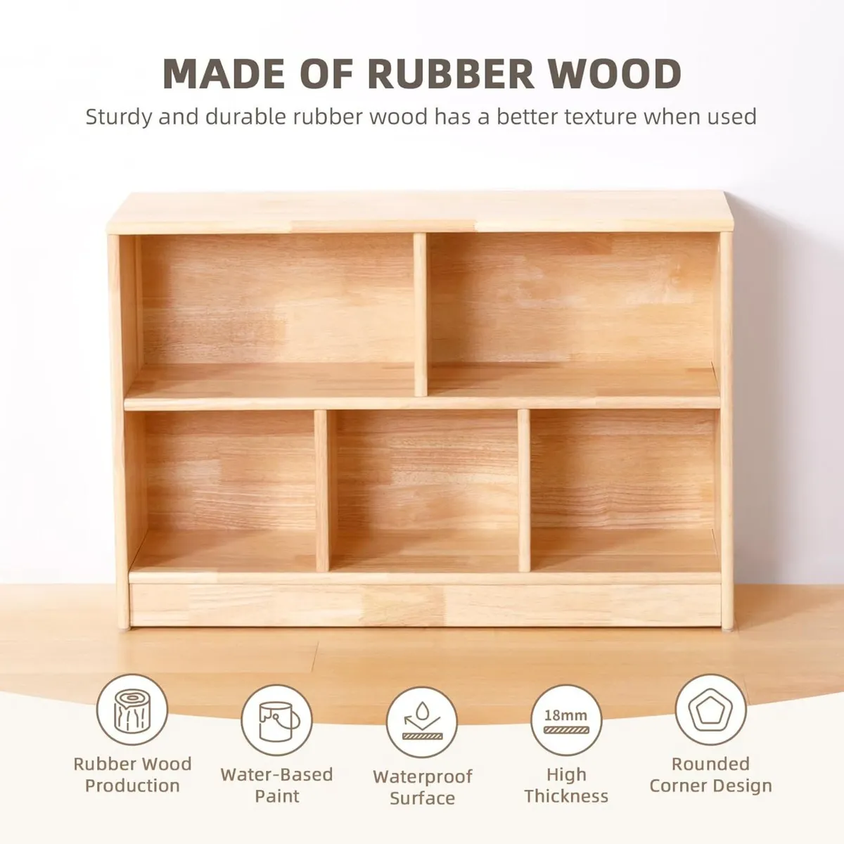 Rubber Wood 5-Compartment Montessori Shelf 90 cm - Image 3