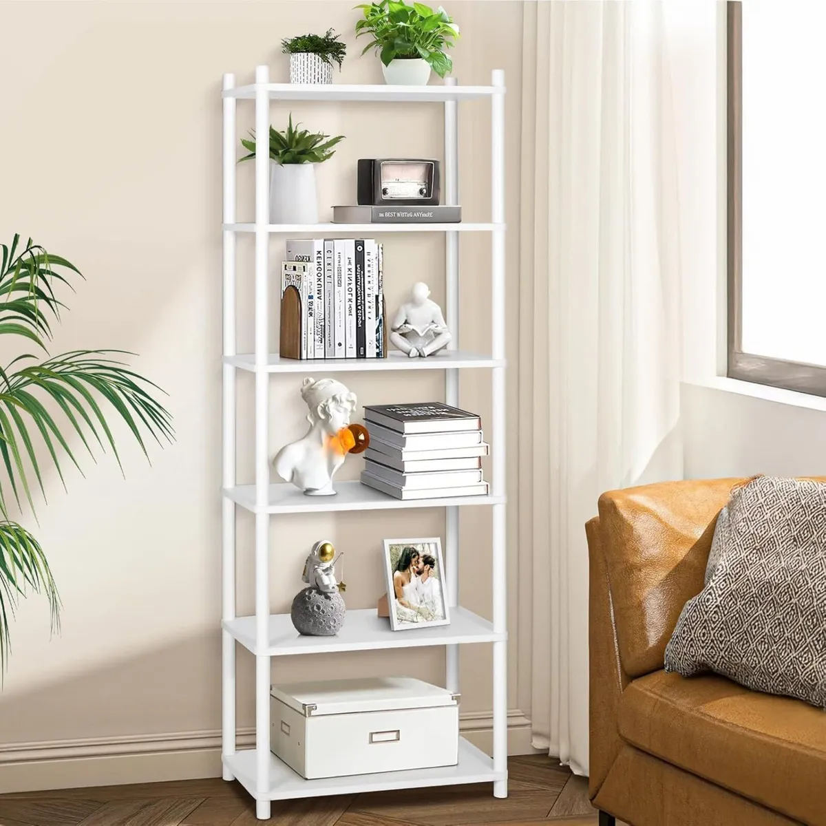 6 Tier Bookshelf White Tall Shelving Unit Wooden - Image 1