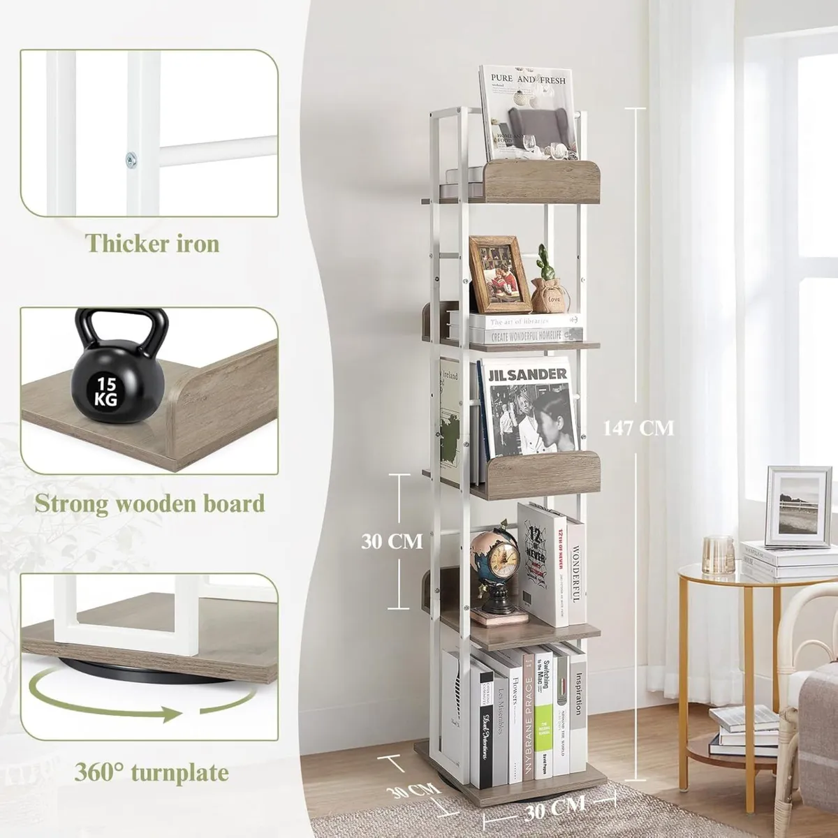 5-Tier Rotating Bookshelf Corner Bookshelves - Image 3