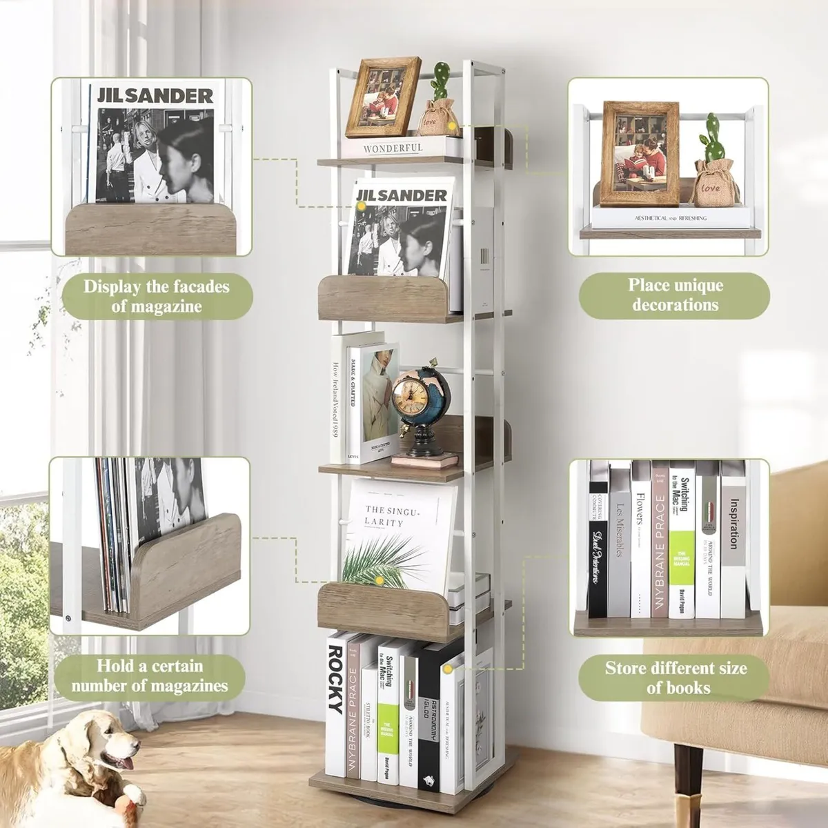 5-Tier Rotating Bookshelf Corner Bookshelves - Image 4