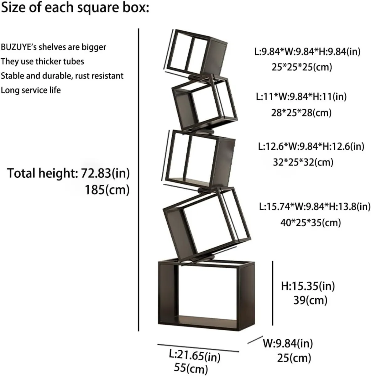 Bookshelf 5-Tier Bookcase 72.8 Tall Black Modern - Image 2