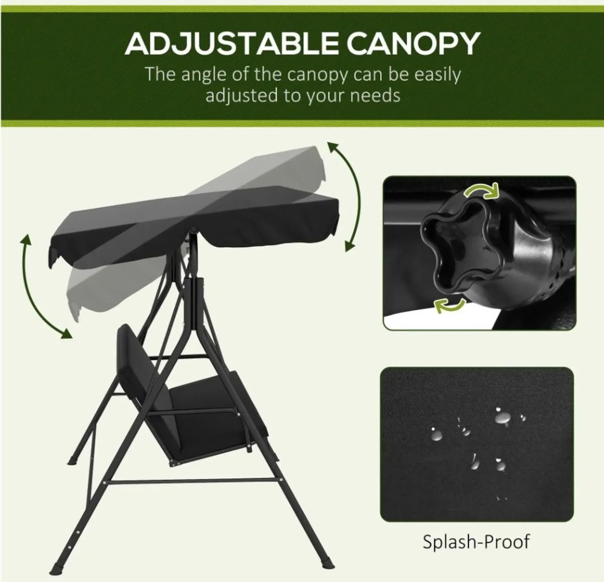 Three Seater Garden Swing Chair - Black - Image 4