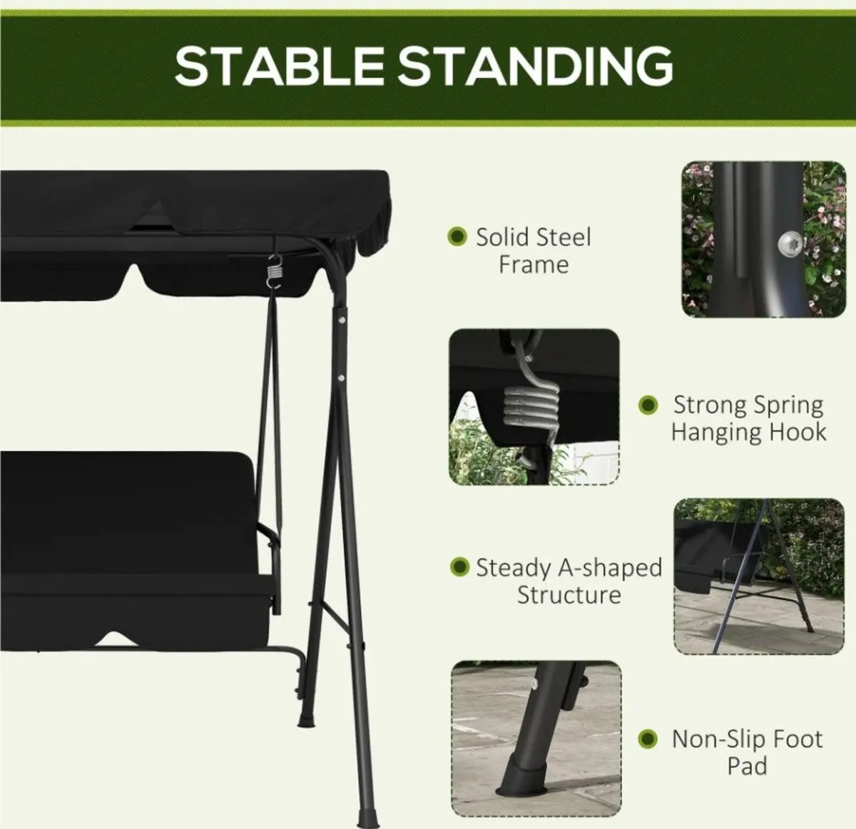 Three Seater Garden Swing Chair - Black - Image 3