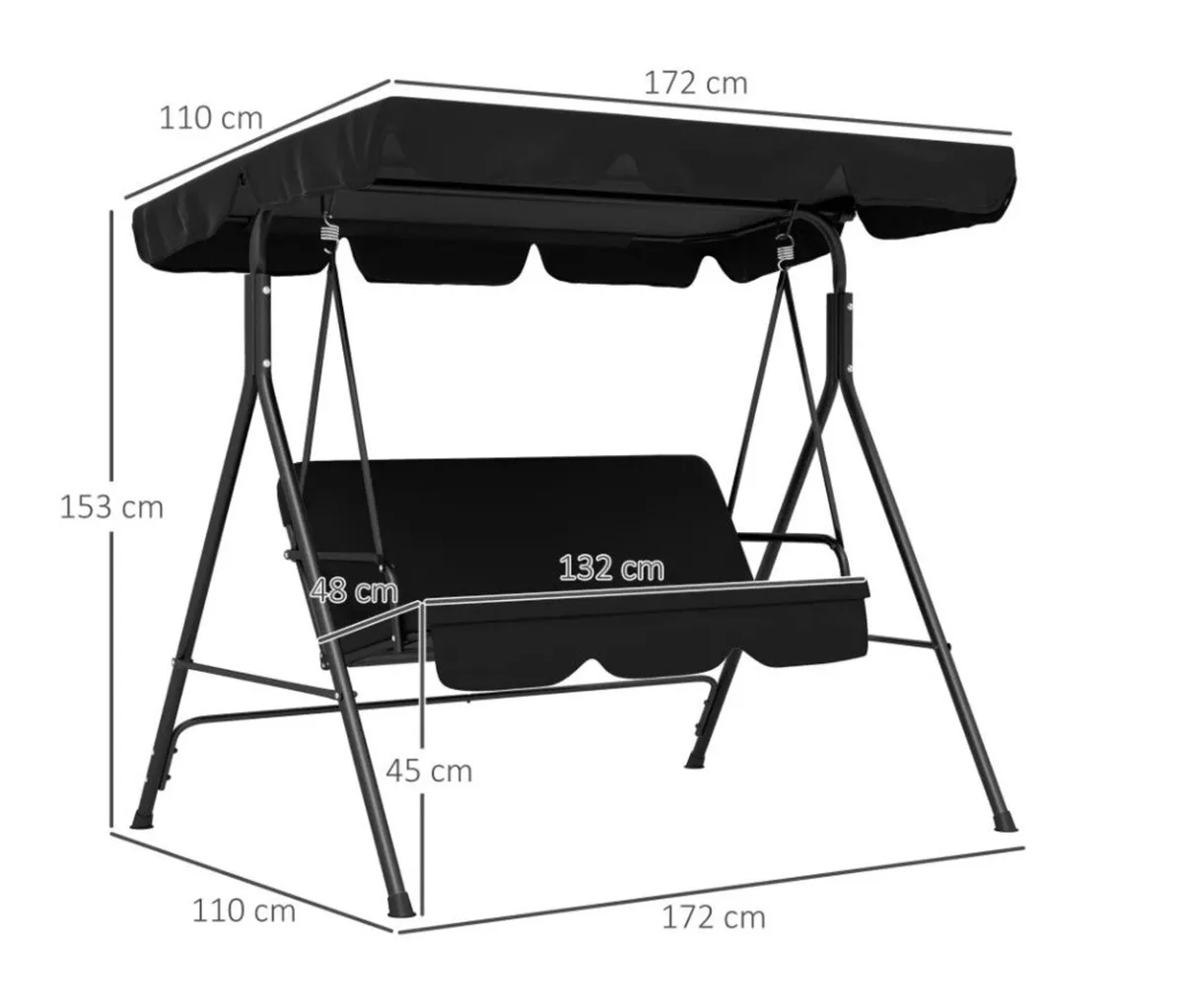 Three Seater Garden Swing Chair - Black - Image 2