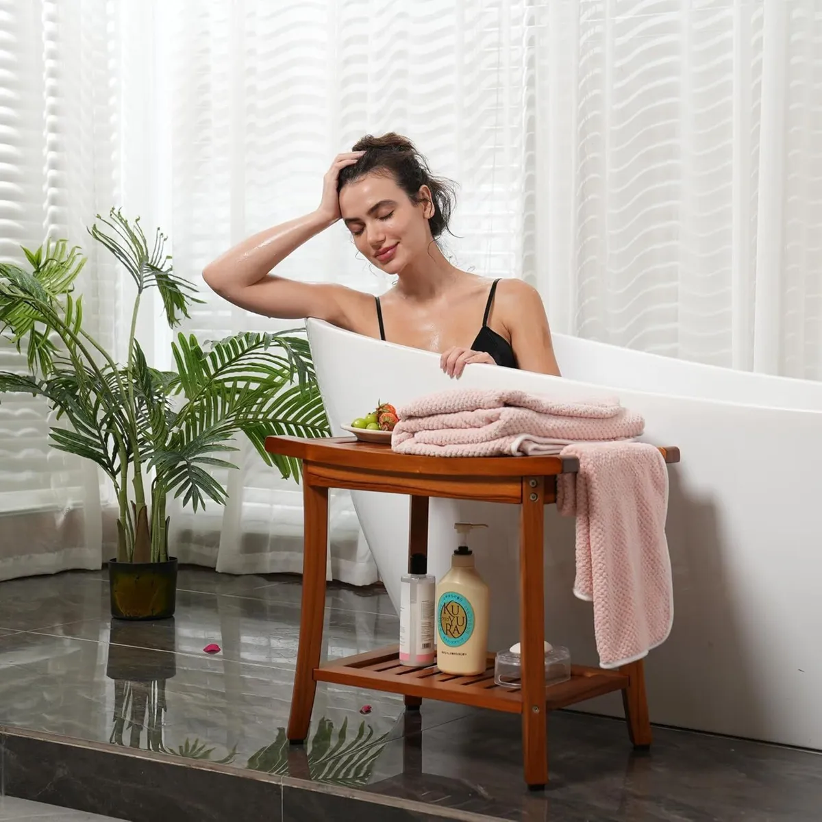 Teak Shower Bench Seat with Handles Wooden Spa - Image 4