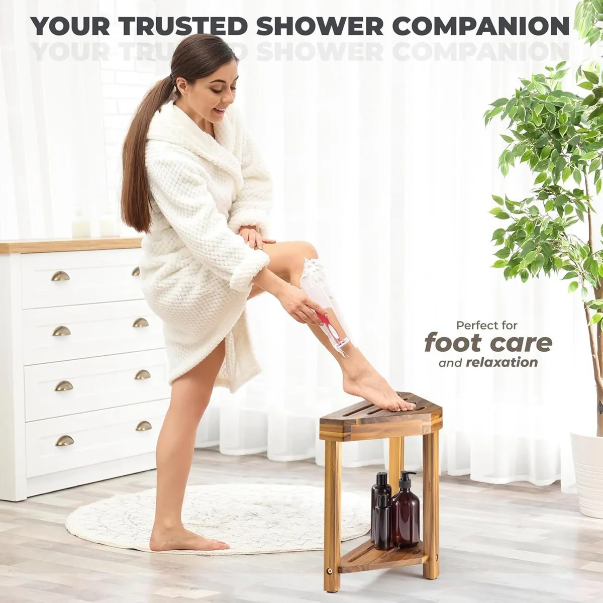 16.4 Shower Foot Rest Corner Stool Wooden for - Image 4