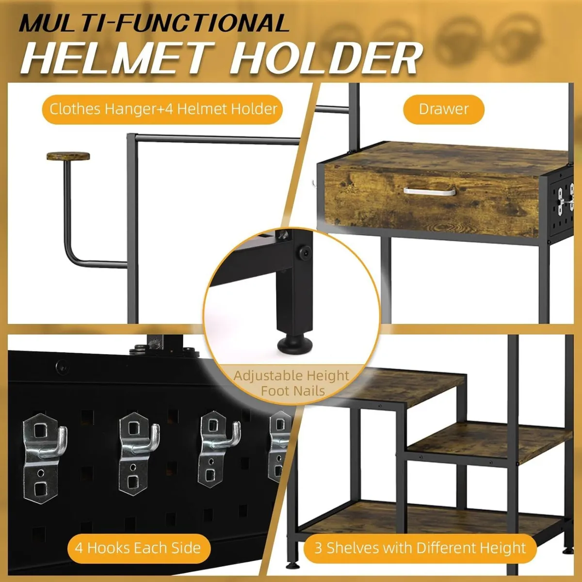 Motorcycle Helmet Stand with Drawer Wooden Metal - Image 4