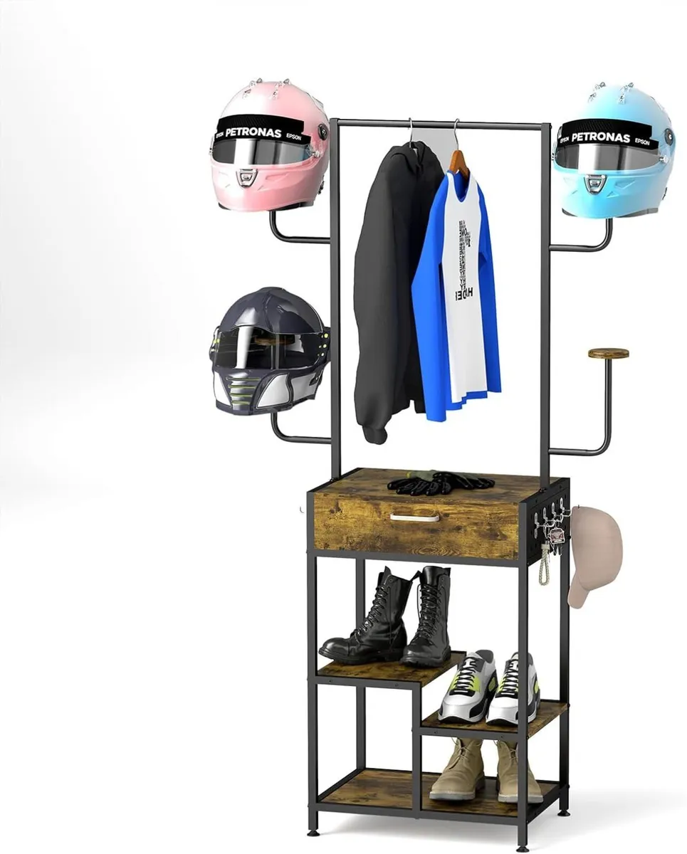 Motorcycle Helmet Stand with Drawer Wooden Metal - Image 1