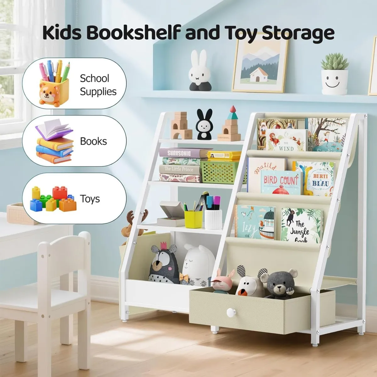 Kids Bookshelf 4 Tier Bookcase with Toy Storage - Image 3