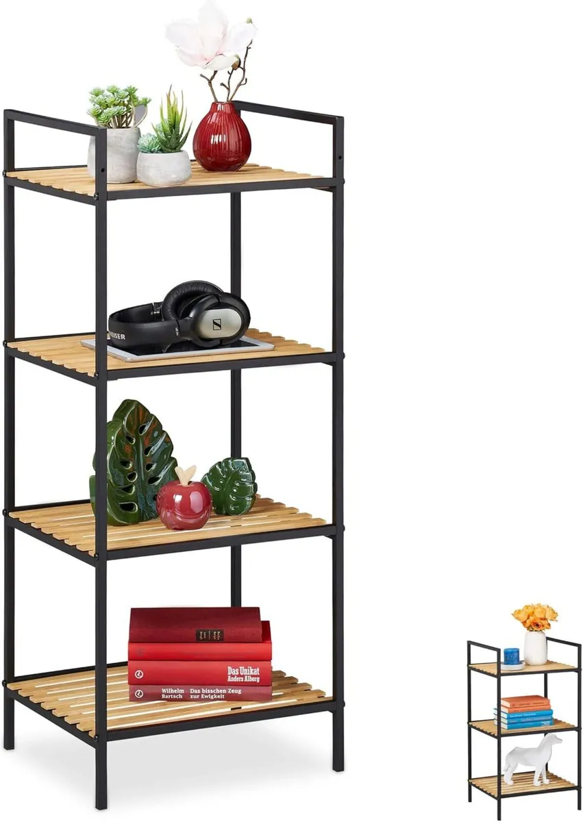 Standing Shelf Unit 4 Tiers Bamboo Metal Open - Image 1