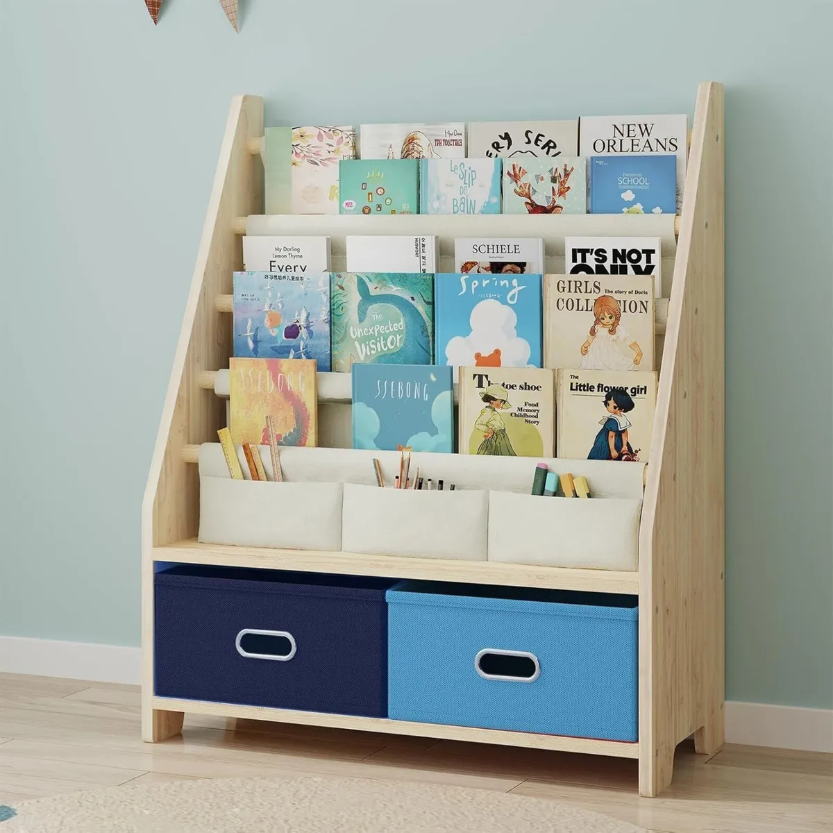 4 Tier Kids Book Shelf Wooden Rack Storage - Image 1