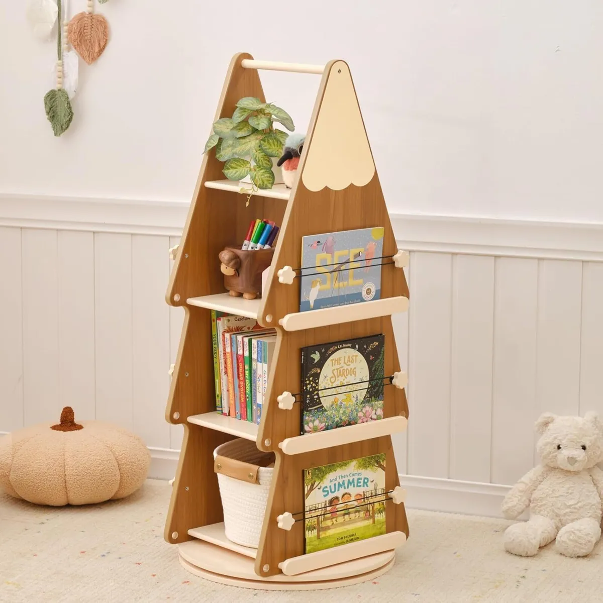 Pine Wood 4 Tier Rotating Bookshelf Tower for - Image 1