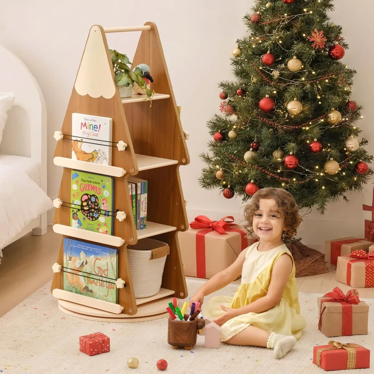 Pine Wood 4 Tier Rotating Bookshelf Tower for - Image 3