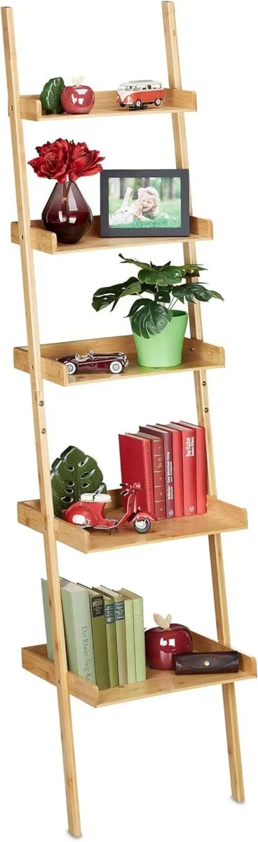 Bamboo Ladder Shelf 5 Tiers Bathroom Kitchen - Image 1