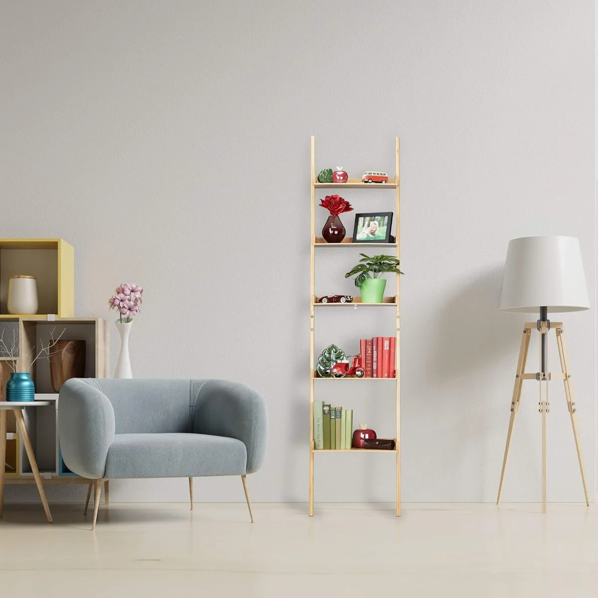 Bamboo Ladder Shelf 5 Tiers Bathroom Kitchen - Image 2