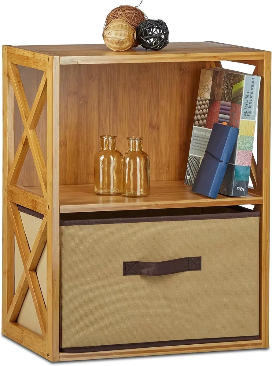2x Bamboo Shelf with Basket 2 Tiers Wooden - Image 1