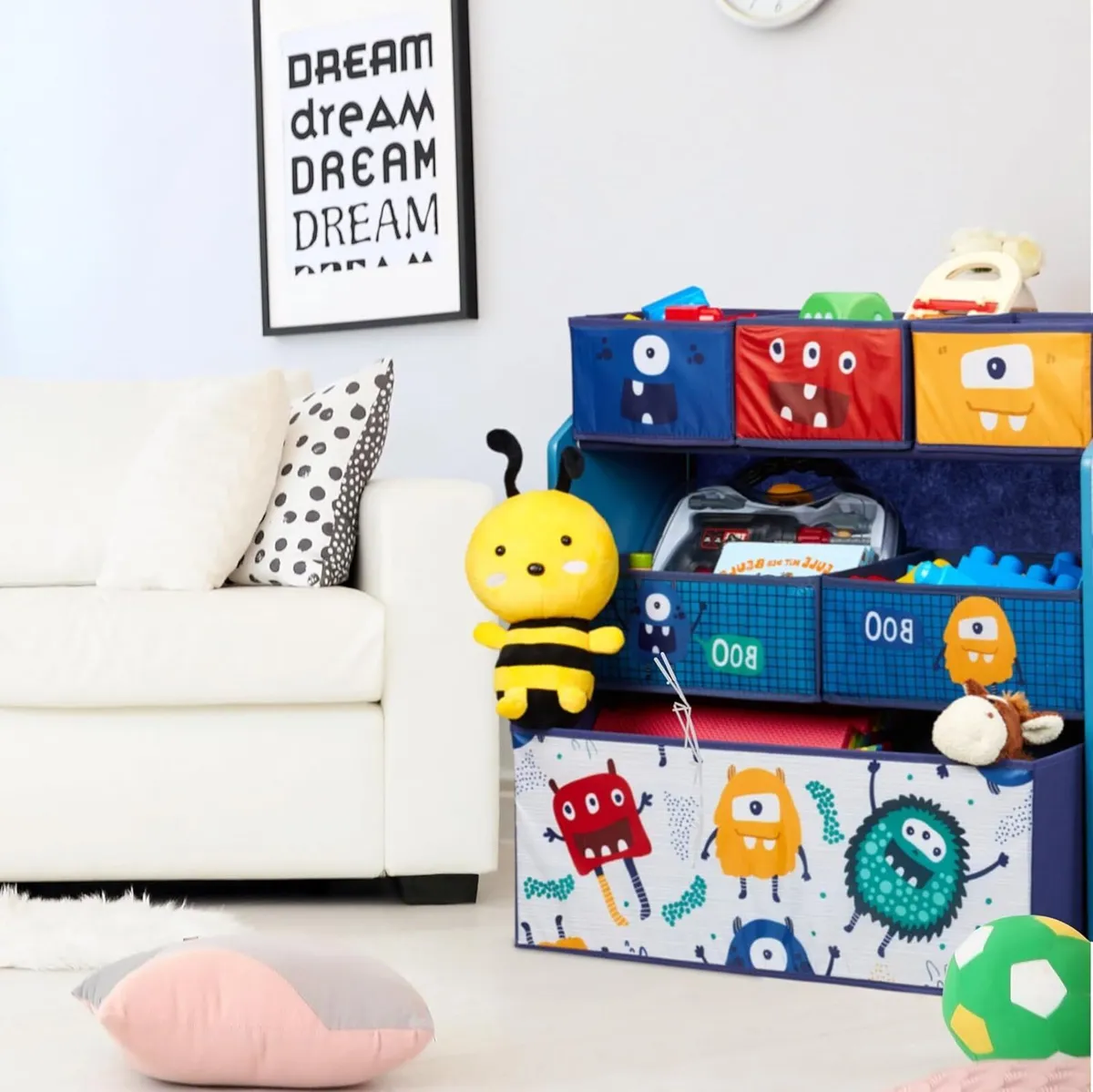 Children's Shelf with 6 Fabric Boxes Monster - Image 4