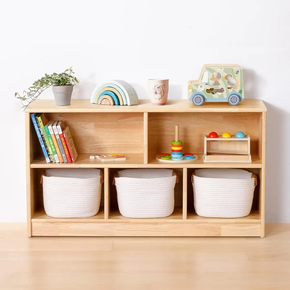 Rubber Wood 5-Compartment Montessori Shelf 110 cm - Image 1