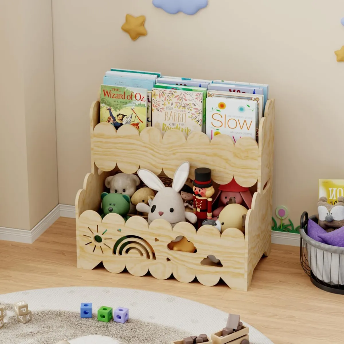 Wood Kids Bookshelf Montessori 2-Tier Suitable - Image 1