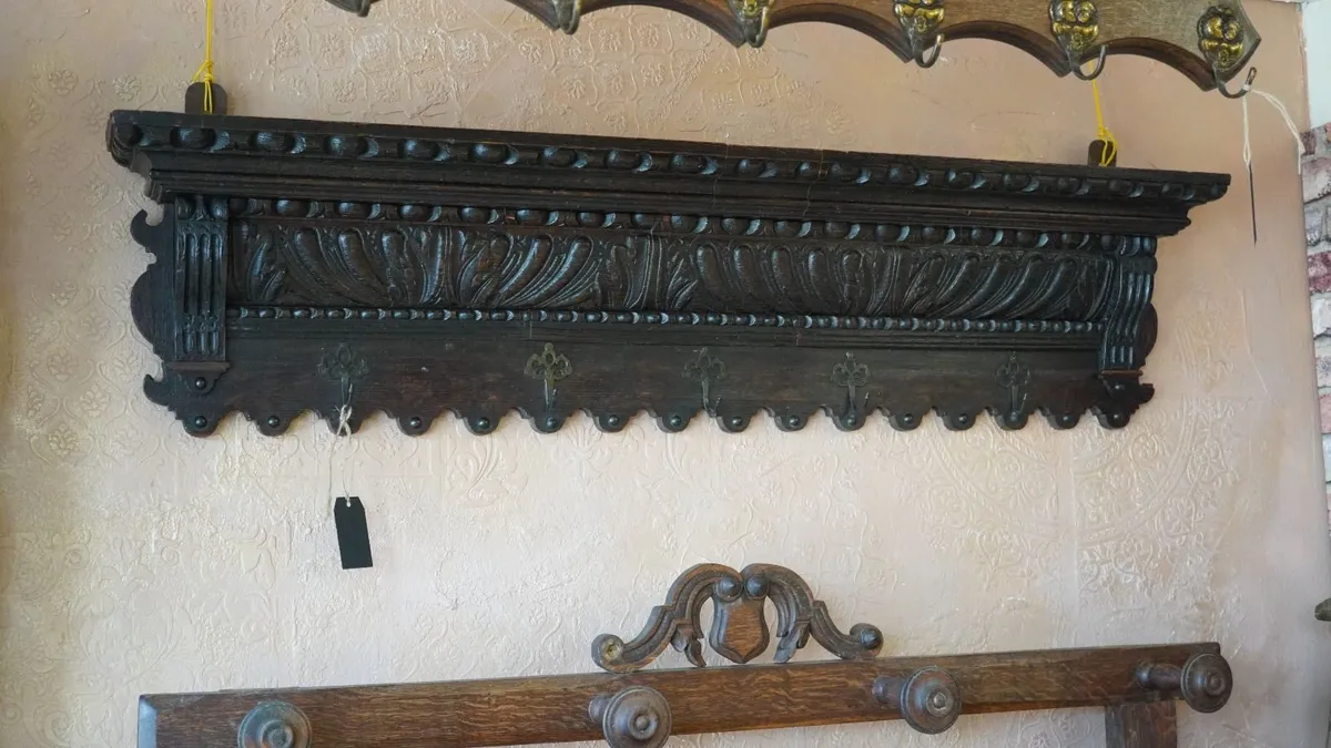 Antique French Carved Oak Wall Coat Rack - Image 1