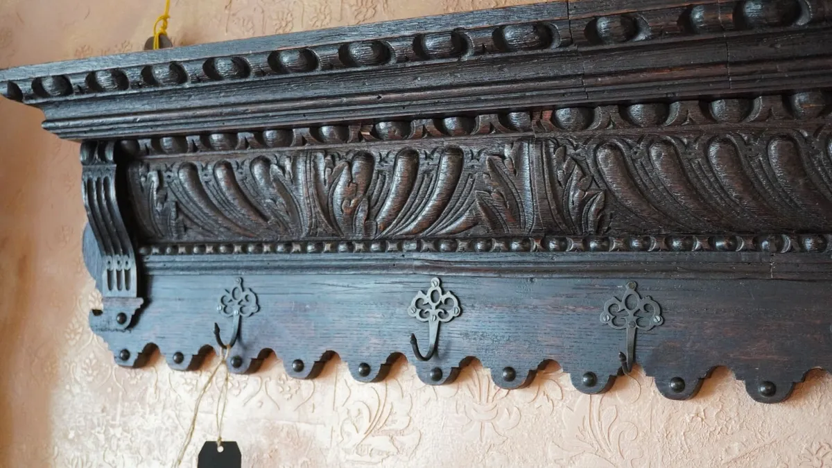 Antique French Carved Oak Wall Coat Rack - Image 3