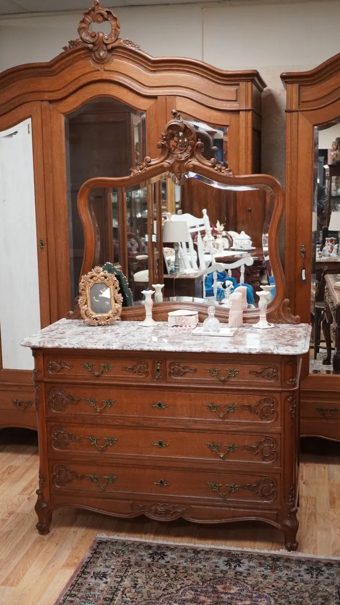 French Marble-Top Dressing Chest with Ornate Mirro - Image 2