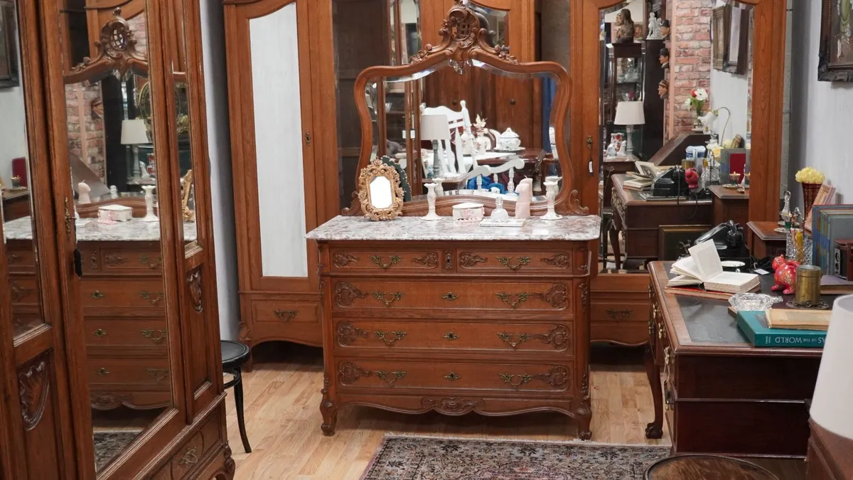 French Marble-Top Dressing Chest with Ornate Mirro - Image 1