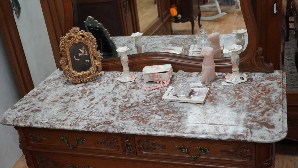 French Marble-Top Dressing Chest with Ornate Mirro - Image 4