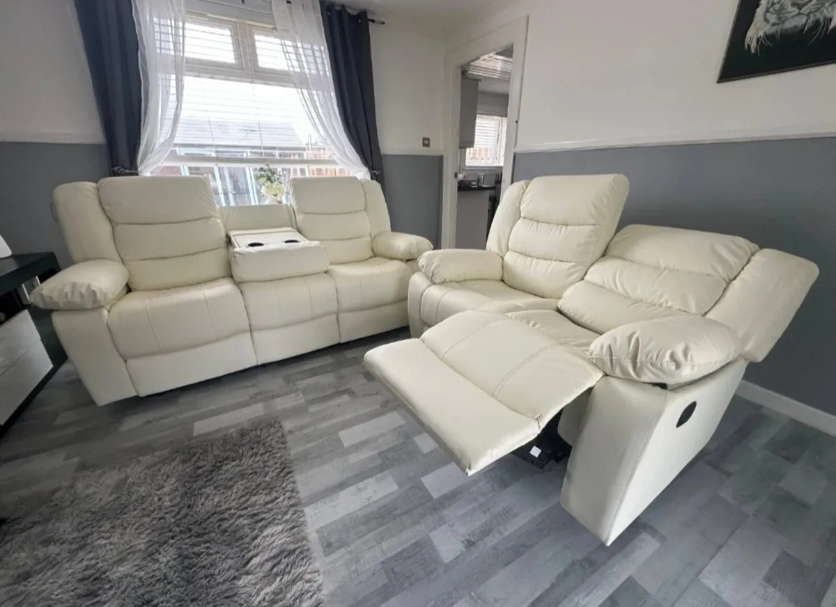 3+2 Cream & Brown Leather Recliner Sofa Set - Image 3