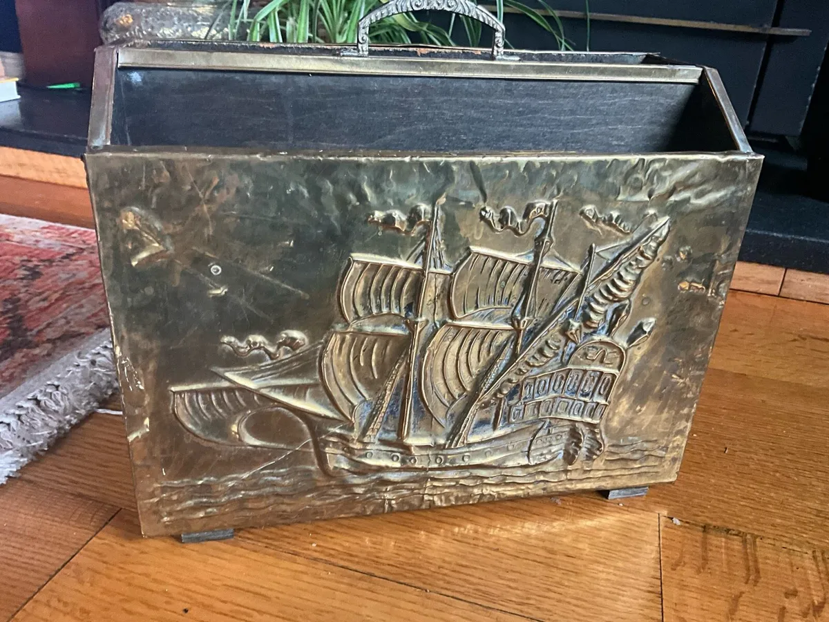 Embossed Brass Ship Design Magazine Holder - Image 2