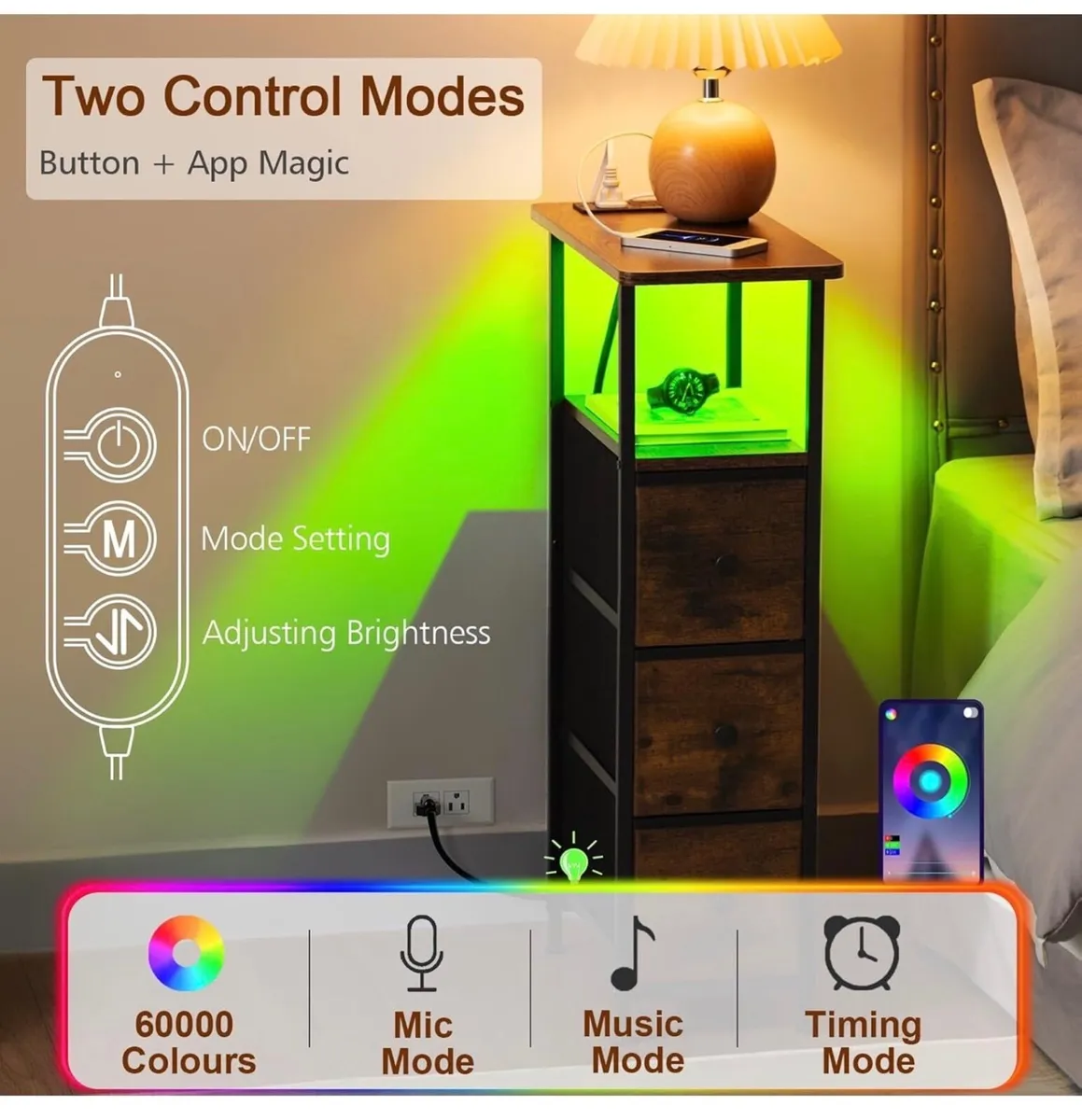 Bedside Table Set of 2, Narrow Side Table with Cha - Image 1