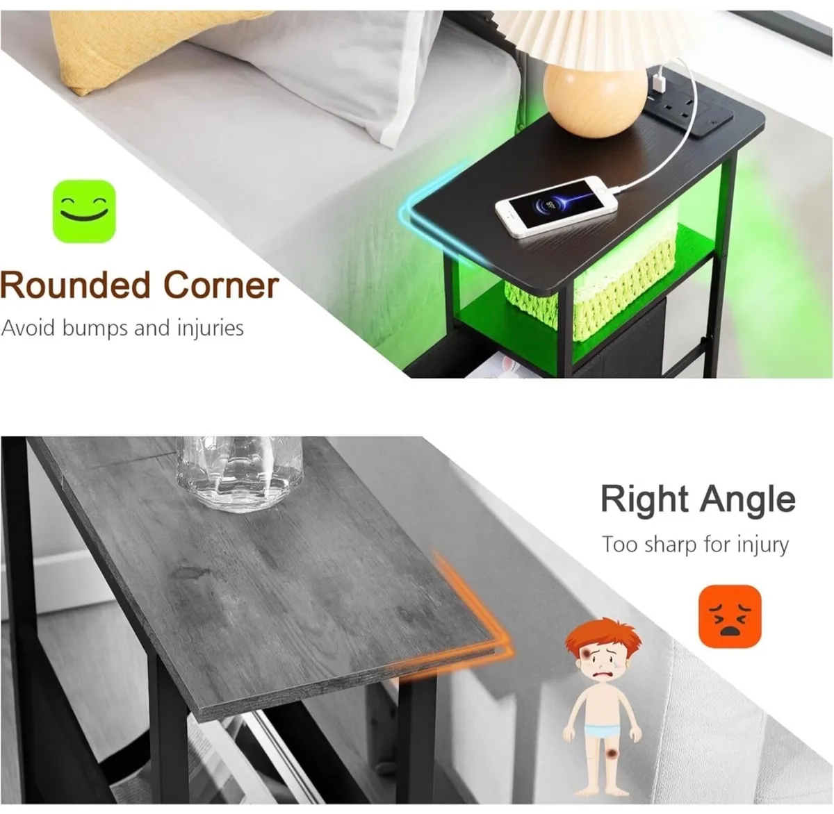 Bedside Table Set of 2 with Charging Station, Narr - Image 4