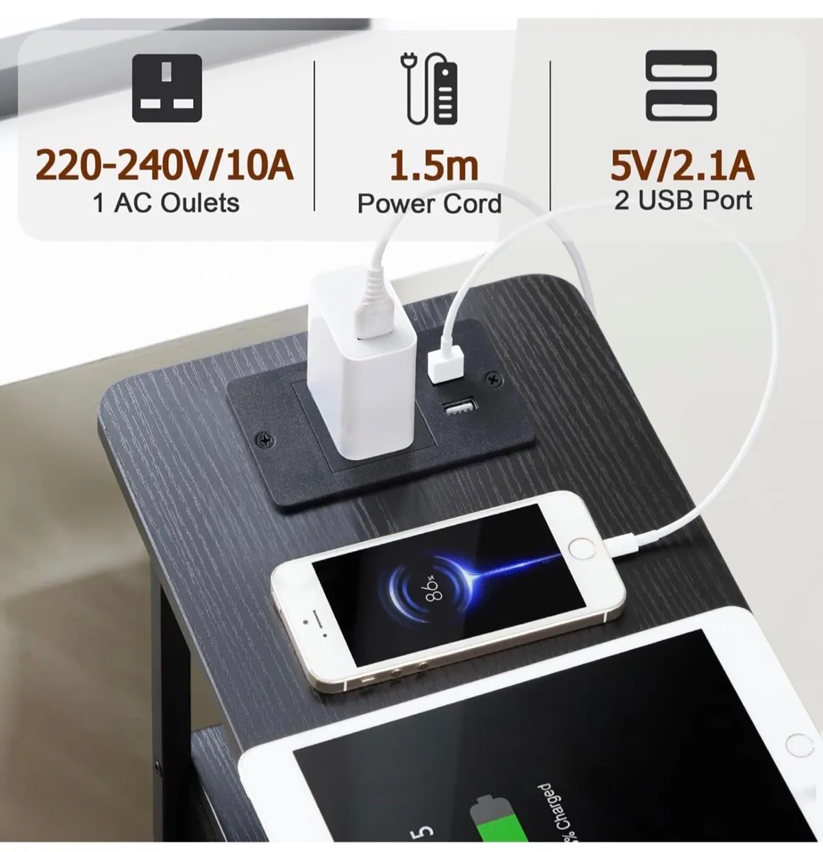 Bedside Table Set of 2 with Charging Station, Narr - Image 2