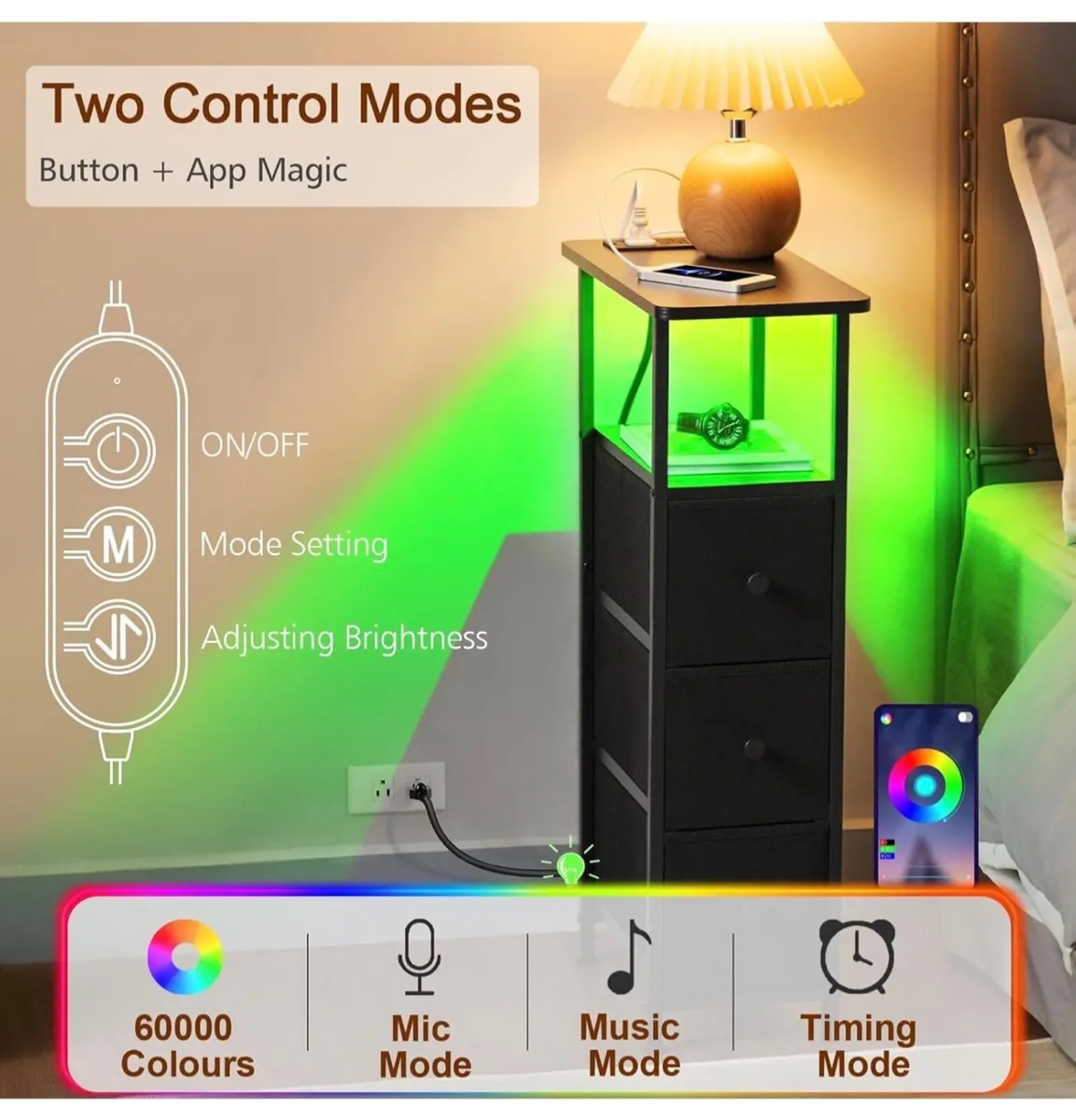 Bedside Table Set of 2 with Charging Station, Narr - Image 1