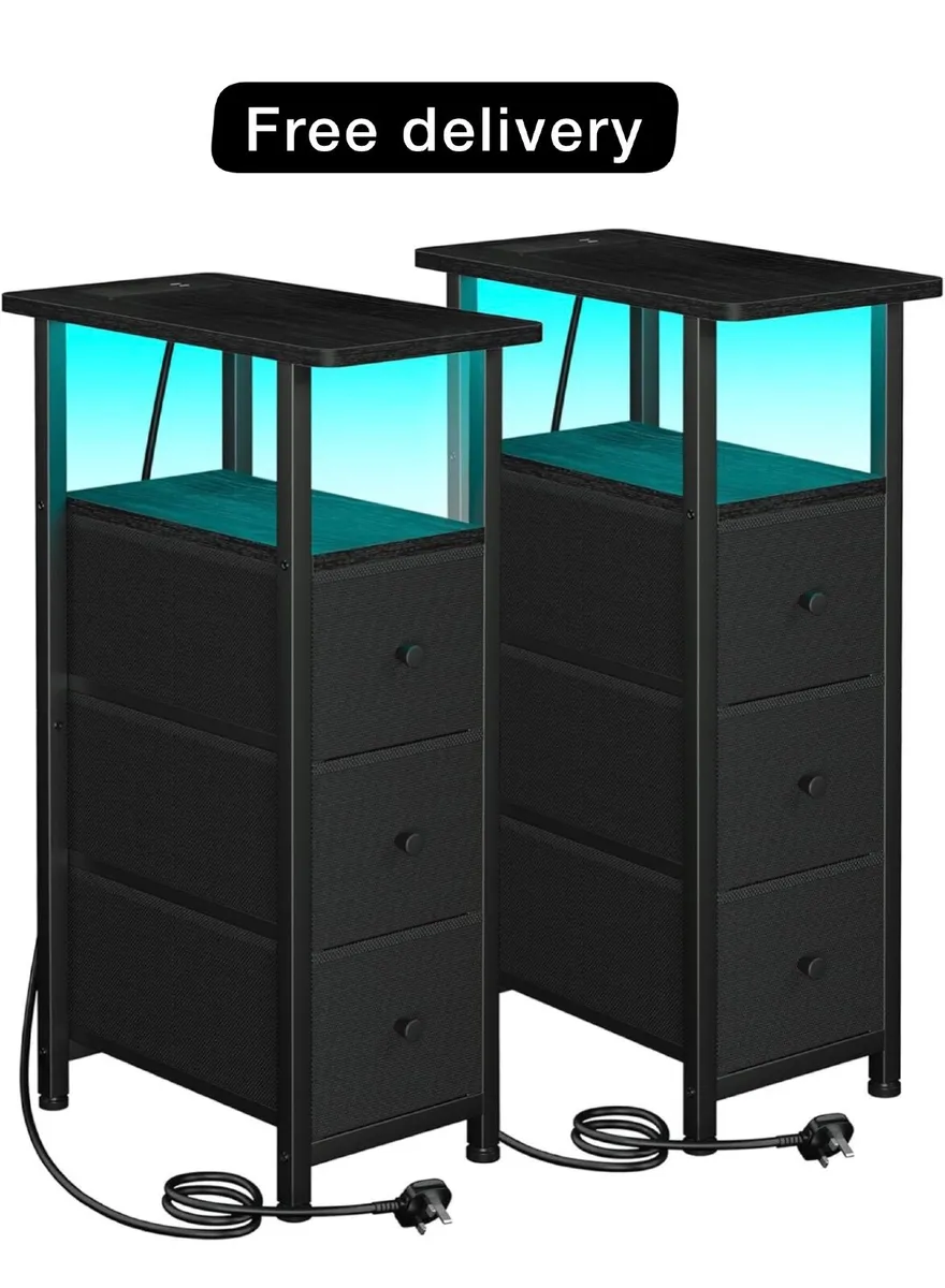 Bedside Table Set of 2 with Charging Station, Narr - Image 1