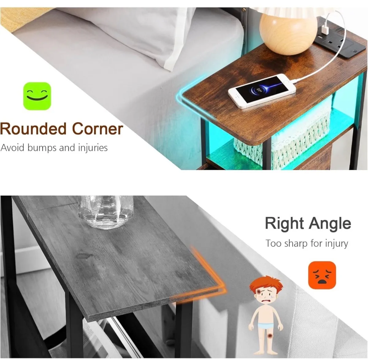 Bedside Table Set of 2 with Charging Station, Narr - Image 3