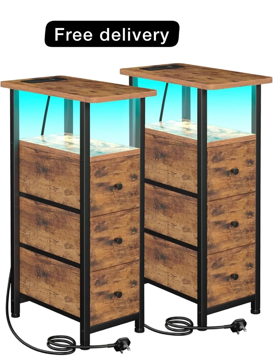 Bedside Table Set of 2 with Charging Station, Narr - Image 1