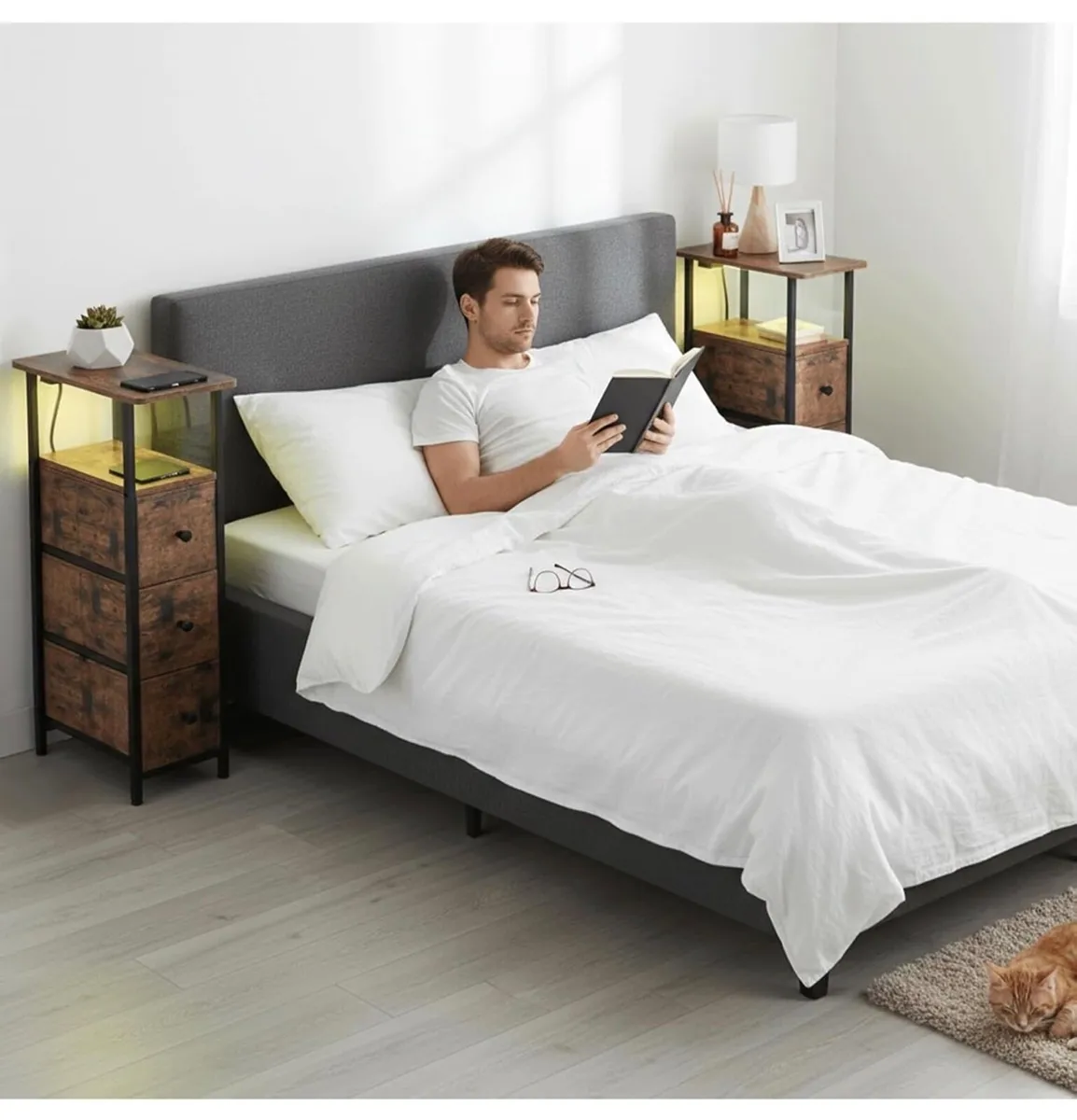 Bedside Table Set of 2 with Charging Station, Narr - Image 2