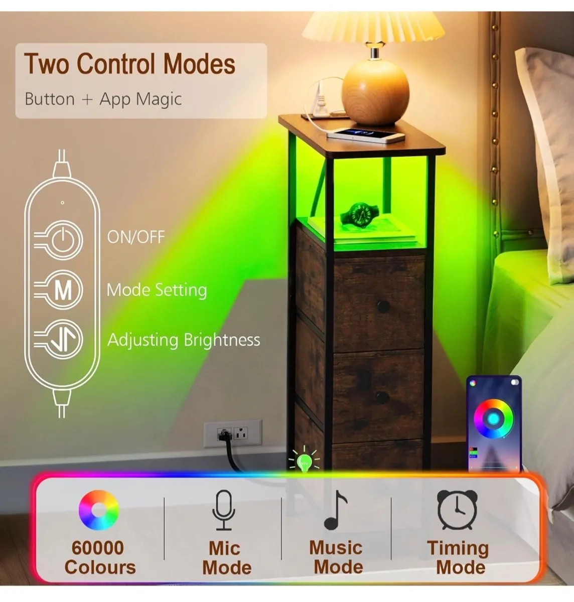 Bedside Table Set of 2 with Charging Station, Narr - Image 1