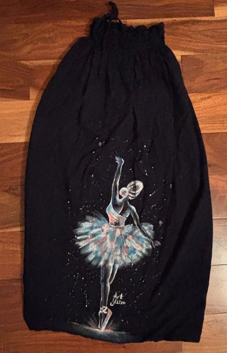Hand-Painted Dark Blue Linen Maxi Skirt Signed Art - Image 2