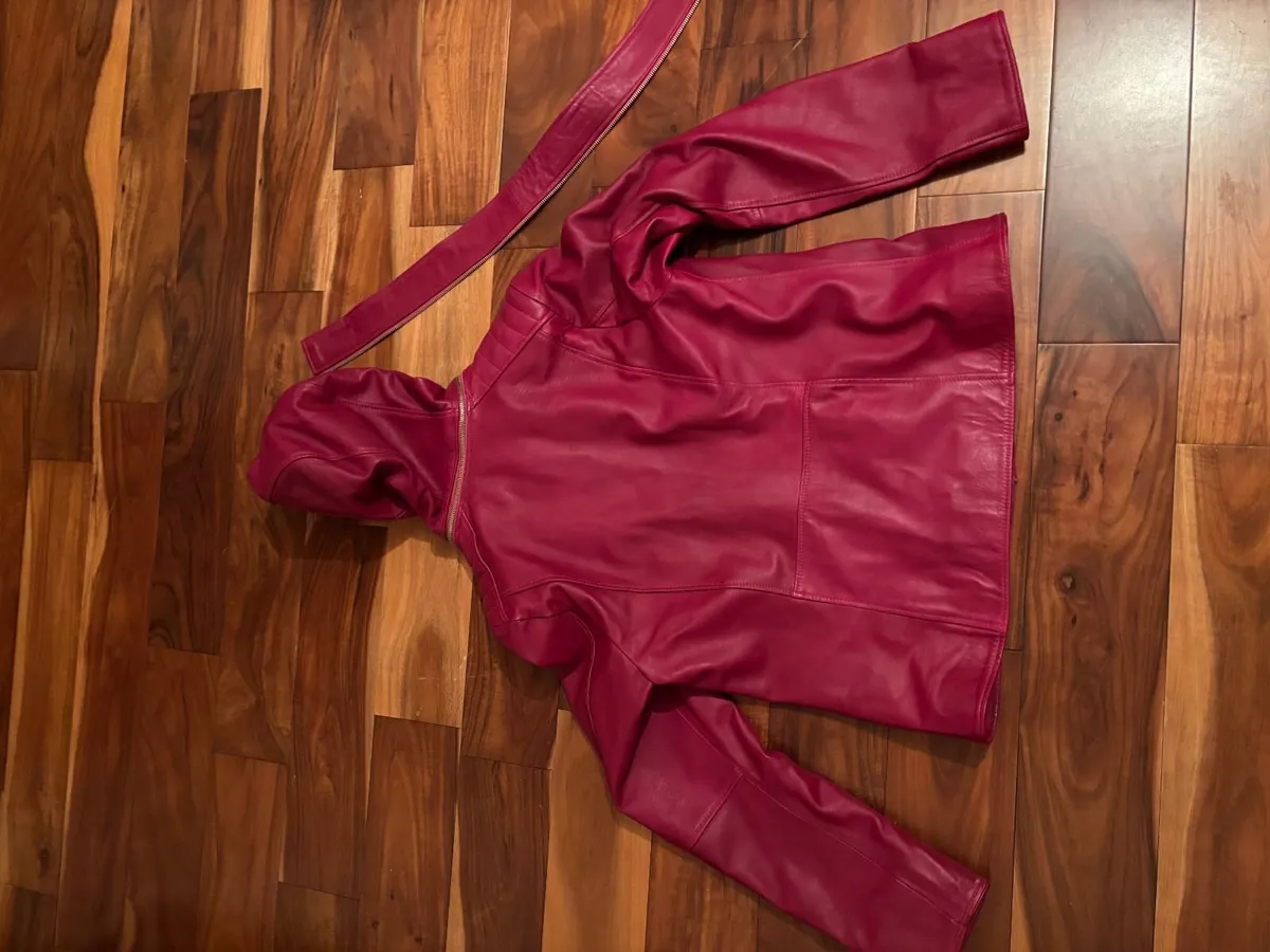 Pink Genuine Leather Jacket with Removable Hood S/ - Image 4