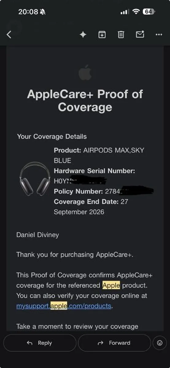 AirPods Max - Genuine, proof of receipt  & Apple Care+ for 2026 - Image 2