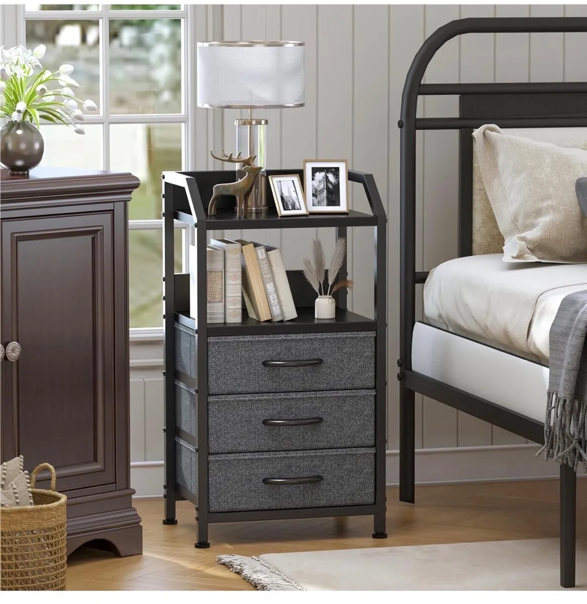 Bedside Table with 3 Fabric Drawers and Open Shelf - Image 2