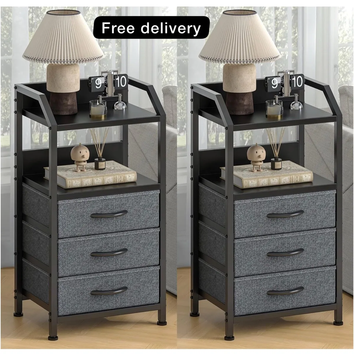 Bedside Table with 3 Fabric Drawers and Open Shelf - Image 1